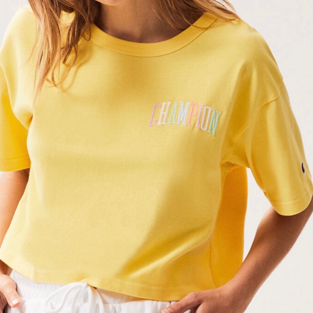Champion Yellow Stacked Logo Cropped T Shirt